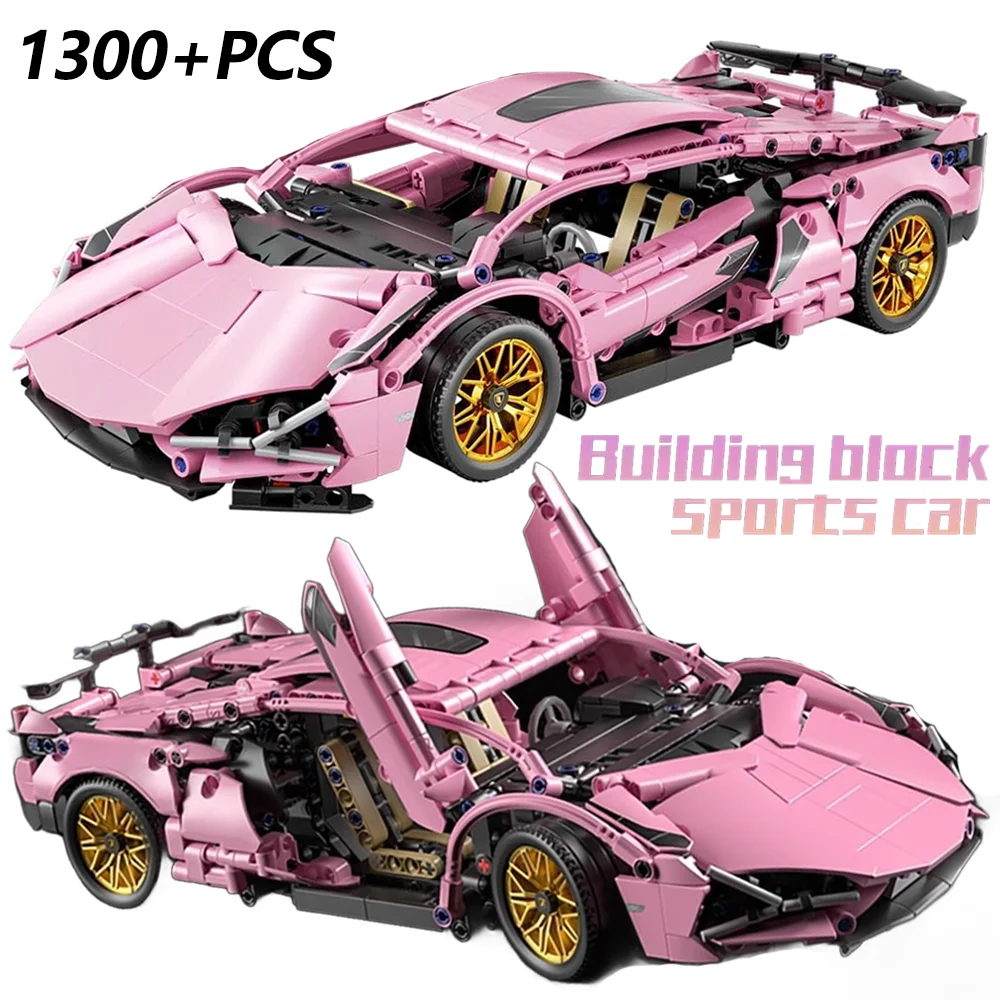 Technical Super Racing Model Bricks Racing Car 1314PCS Pink Building Blocks Mechanical Power or Statics Version Optionals Adults