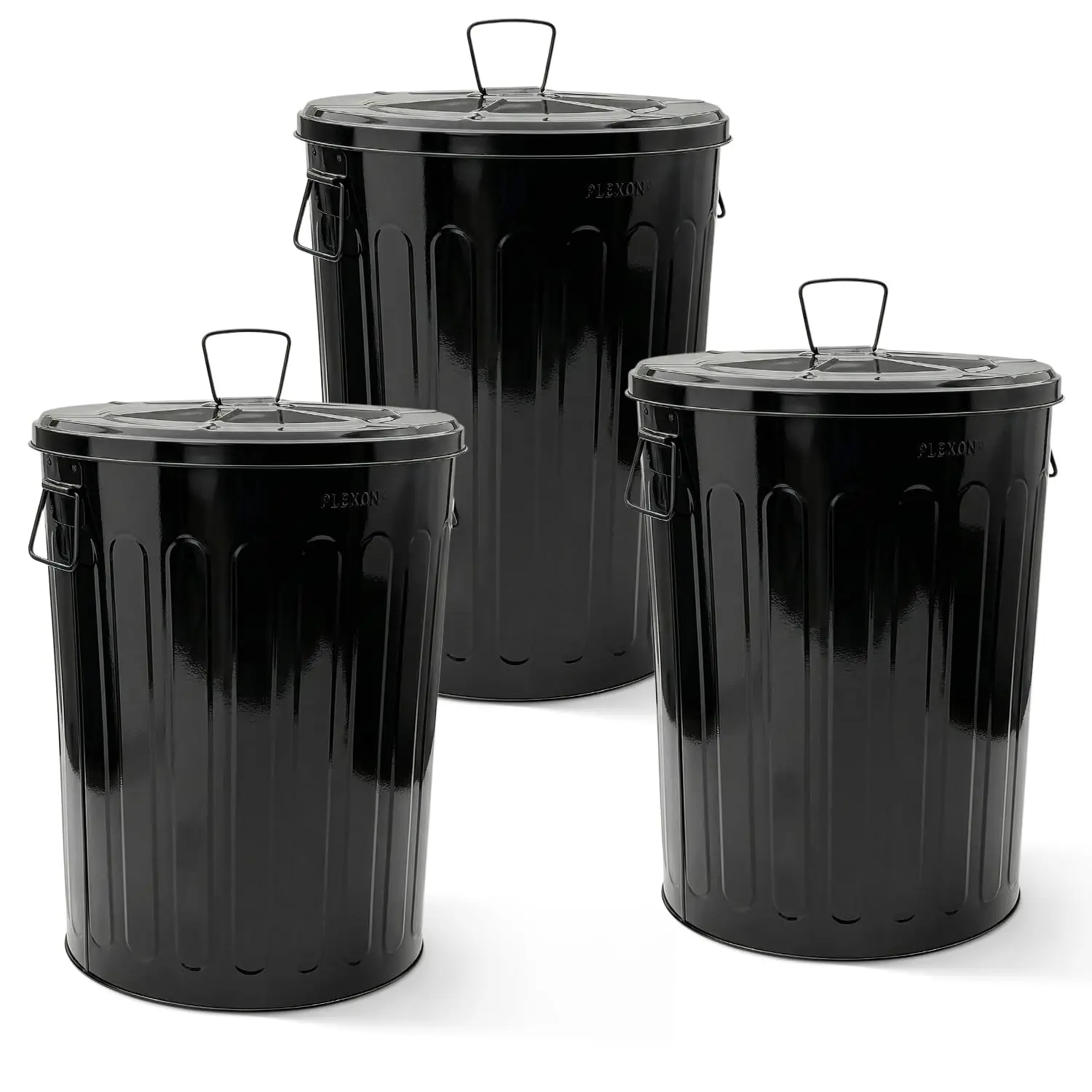20 Gallon Metal Trash Can With Lid Outdoor Large Trash Bin Steel Garbage Can Heavy Duty Round Storage Container Bucket For Garage Patio Farmhouse Bird Seed, Black 3 Pack