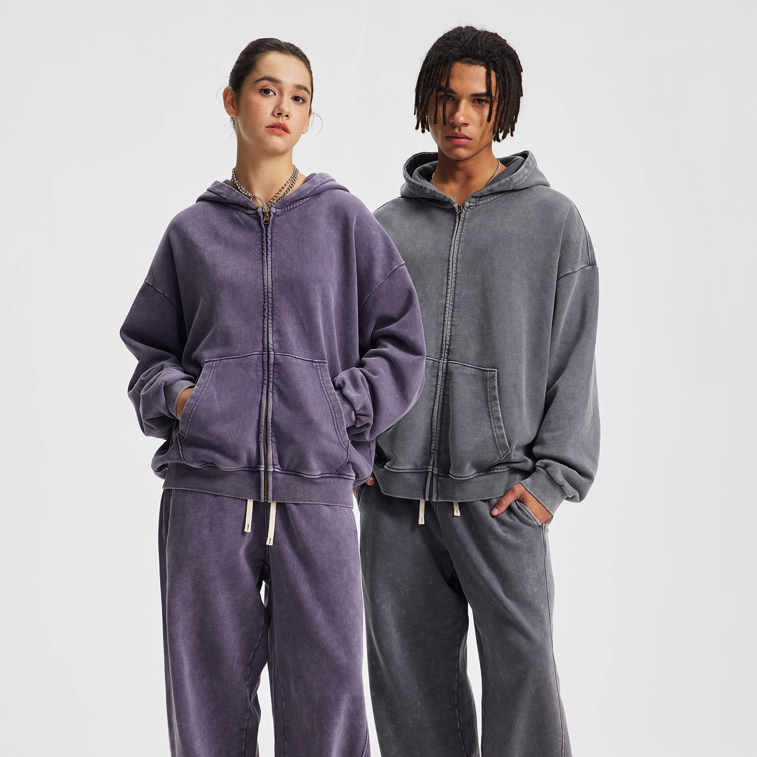 Hio Hop – sweat à capuche avec fermeture éclair, Cardigan en détresse, veste Double fil pur coton, Vintage lavé, automne et hiver, Y2k