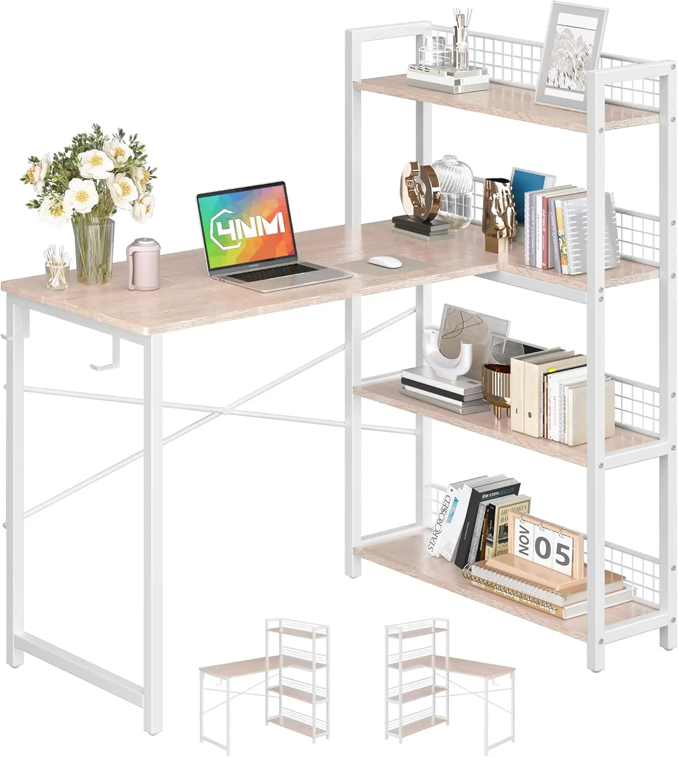

39.4"" Small Computer L Shaped Desk With 4-Tier Bookshelf And 6 Hooks, Home Office Desk Writing Workstation Study Table For