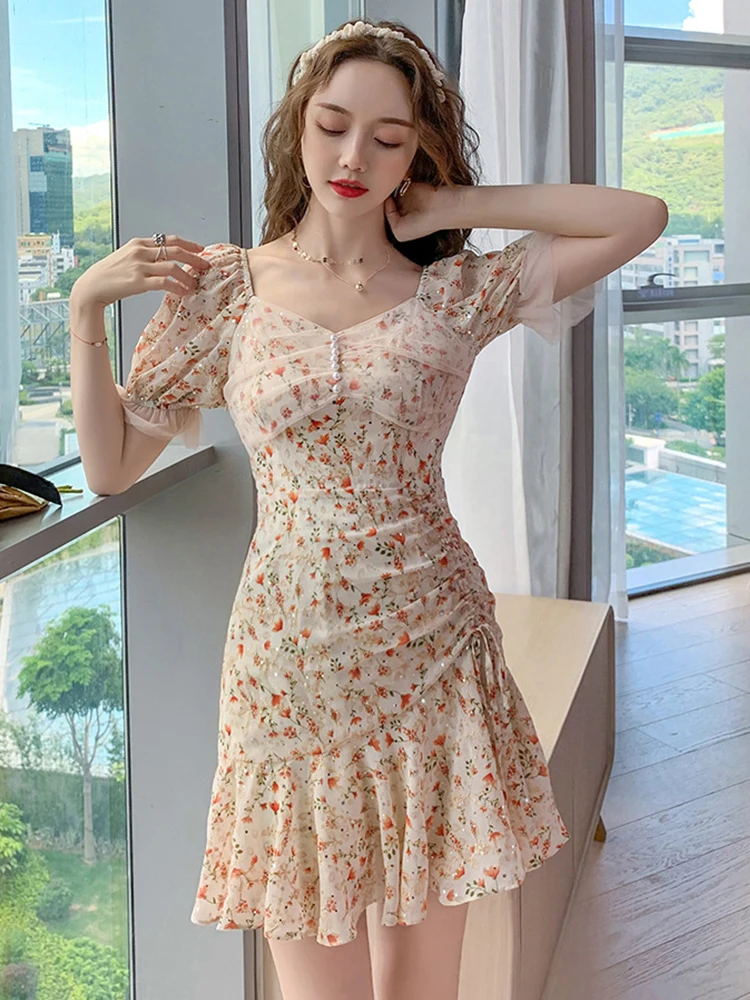 

elegant dresses for women 2022 V-Neck Floral Mesh Folds Mini Party Sexy Street Clothes Sweet Draw String Ruffle Female Sundress