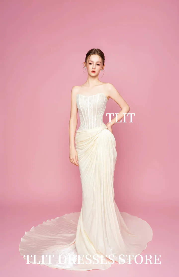 TLIT เรียบหรูสีงาช้างผ้าไหมออร์แกนซ่างานแต่งงานชุดเกาหลีถ่ายภาพเดรปชุดเจ้าสาวที่ไม่มีสายหนังที่กำหนดเองอย่างเป็นทางการผู้หญิง