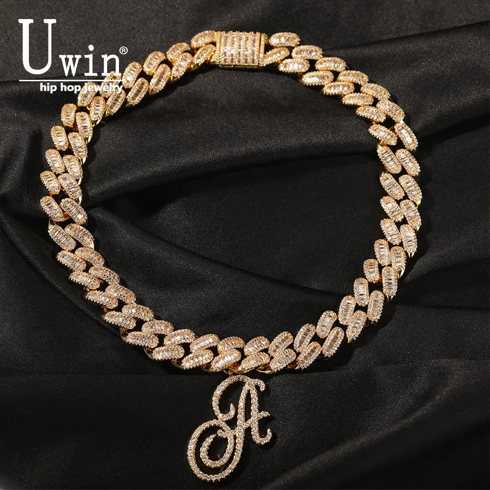 Uwin 15mm Baugetter Cuban Chain DIY Cursive Letters Miami Link Necklace Gold Silver Plated Luxury Micro Paved CZ Chain