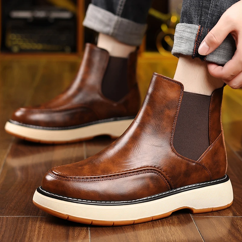 

British Style Cow Genuine Leather Men's Chelsea Ankle Boots Slip-on Elastic Band High Top Sneakers Casual Dress Boot for Men