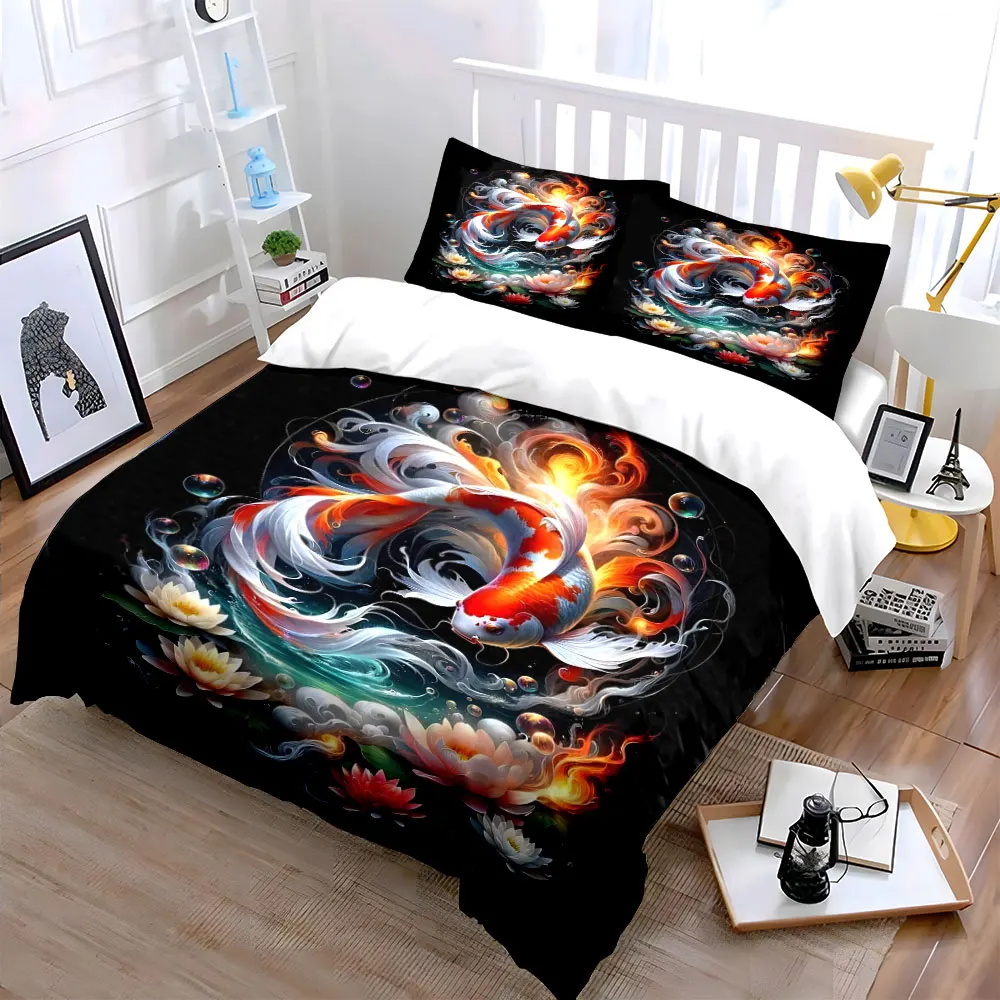 Beautiful koi and glowing lotuses Bedding Set for Kids Luxury Gift 3pcs Digital Print Comforter Set Soft Comfortable Breathable