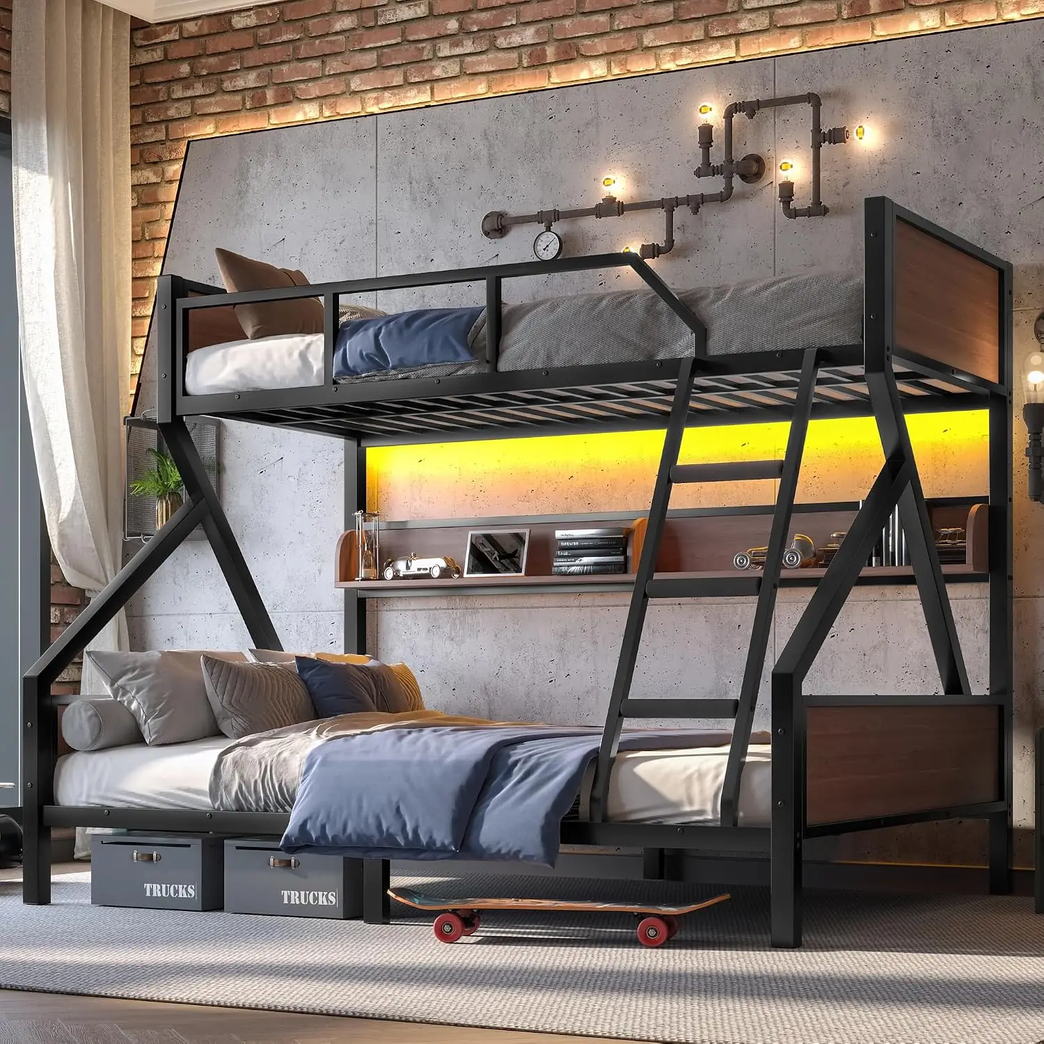 Twin XL Over Queen Bunk Bed with Storage Shelves, Black Twin Metal Bunk Bed Frame  Teenagers Adults, Space, Customized