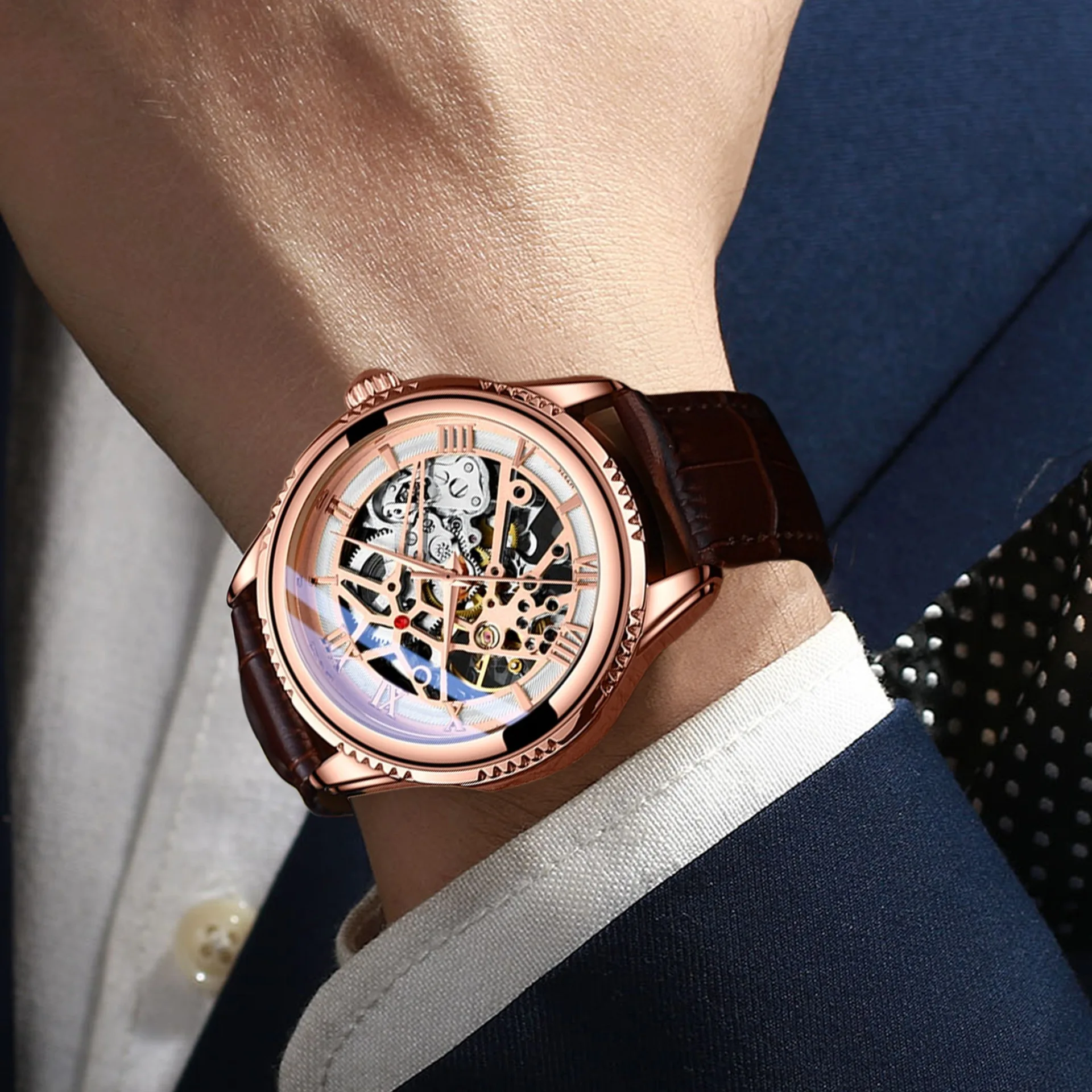 AL-154 Relógio mecânico totalmente automático, relógio masculino esqueleto de couro, relógio de pulso masculino noturno simples à prova d'água