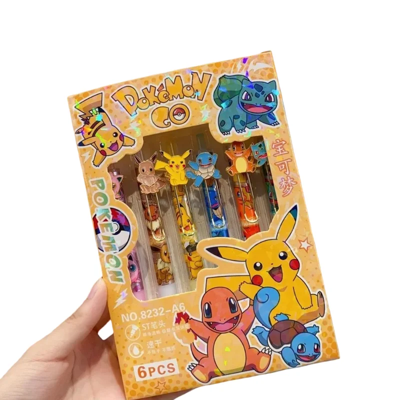 6pcs Pokemon 0.5mm  Ballpoint Pen Cute Cartoon Smooth Writing Pen Portable Lightweight Ball Pen Student School Office Stationery