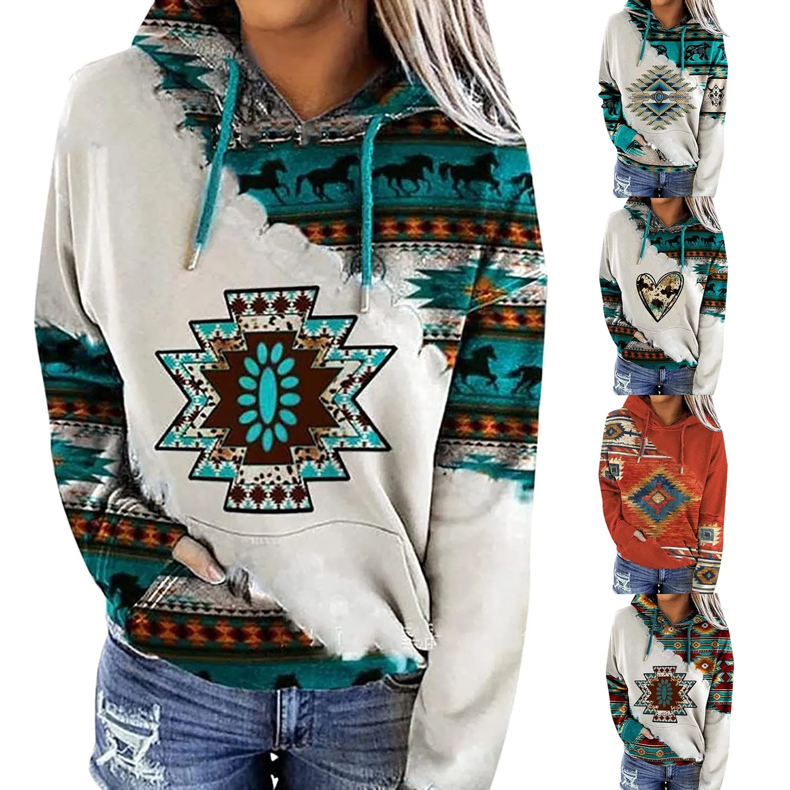 0 Womens Casual Geometric Horse Print Long Sleeve Drawstring Pullover Tops, Ethnic Style Hooded Sweatshirt Traf Official Store