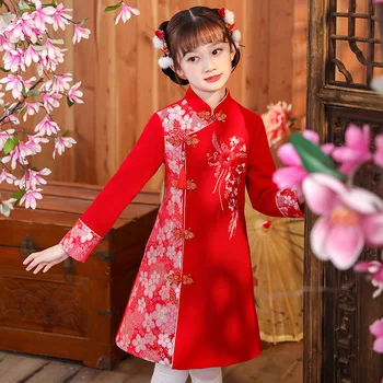 소녀 Hanfu 새해 의류 어린이 따뜻한 Cheongsam 중국어 당나라 정장 아이 겨울 플러스 벨벳 귀여운 자수 파티 드레스