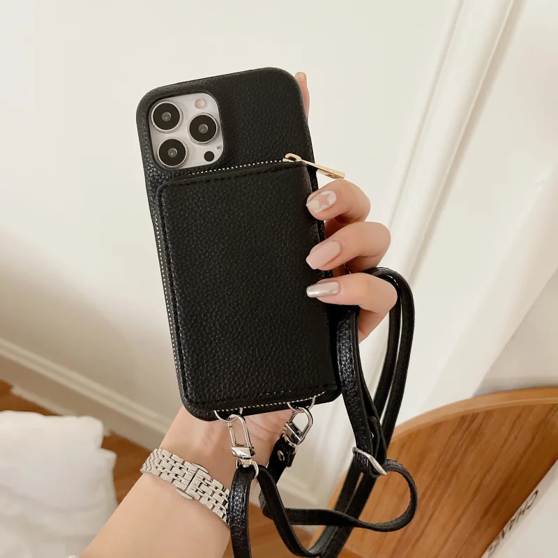 Card Bag Wallet Cases for iPhone 14 15 13 Pro Max Sases Leather Zipper Lanyard Phone Case for iPhone 14 15 Plus Sases