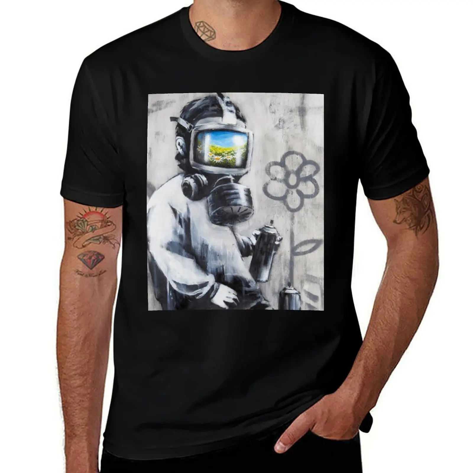 Banksy Gas Mask Boy Art T-Shirt Relaxed Fit Casual Short Sleeve Top T-Shirt
