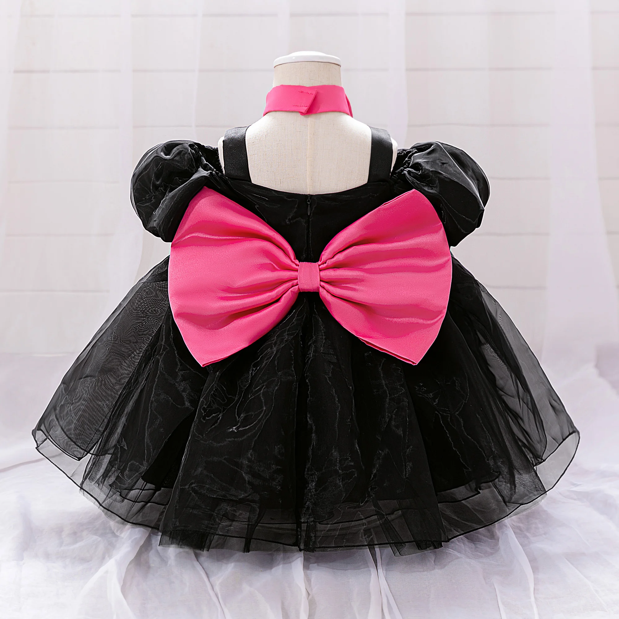 Elegant Big Bow Party Baby Girls Dress Puff Sleeve Baby 1st Birthday Princess Prom Dresses Infant Bridesmaids Wedding Ball Gown