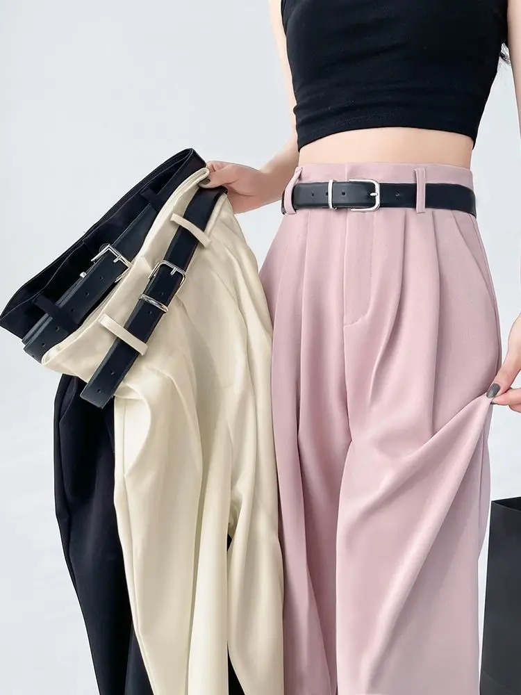 

High Waist Straight Wide Leg Pants Women Loose Versatile Casual Full Length Pants Solid Color Fashion Gift Belt Women's Pants