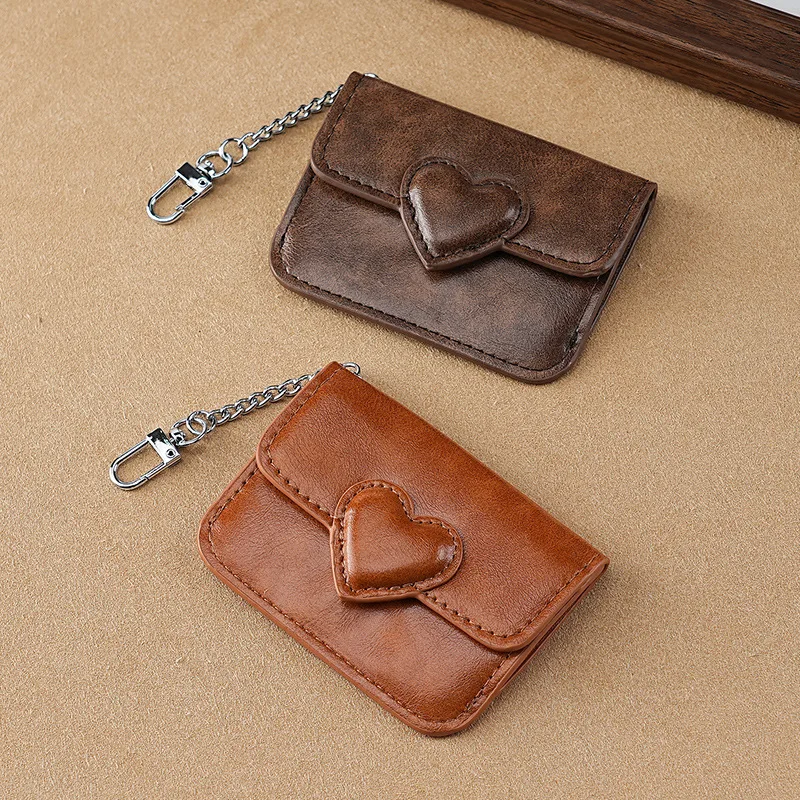 Mini Coin Purse Keychain Wallet Fashion PU Heart Buckle Multi-card Slots Card Holder Pouch Key Storage Bag for Women and Men