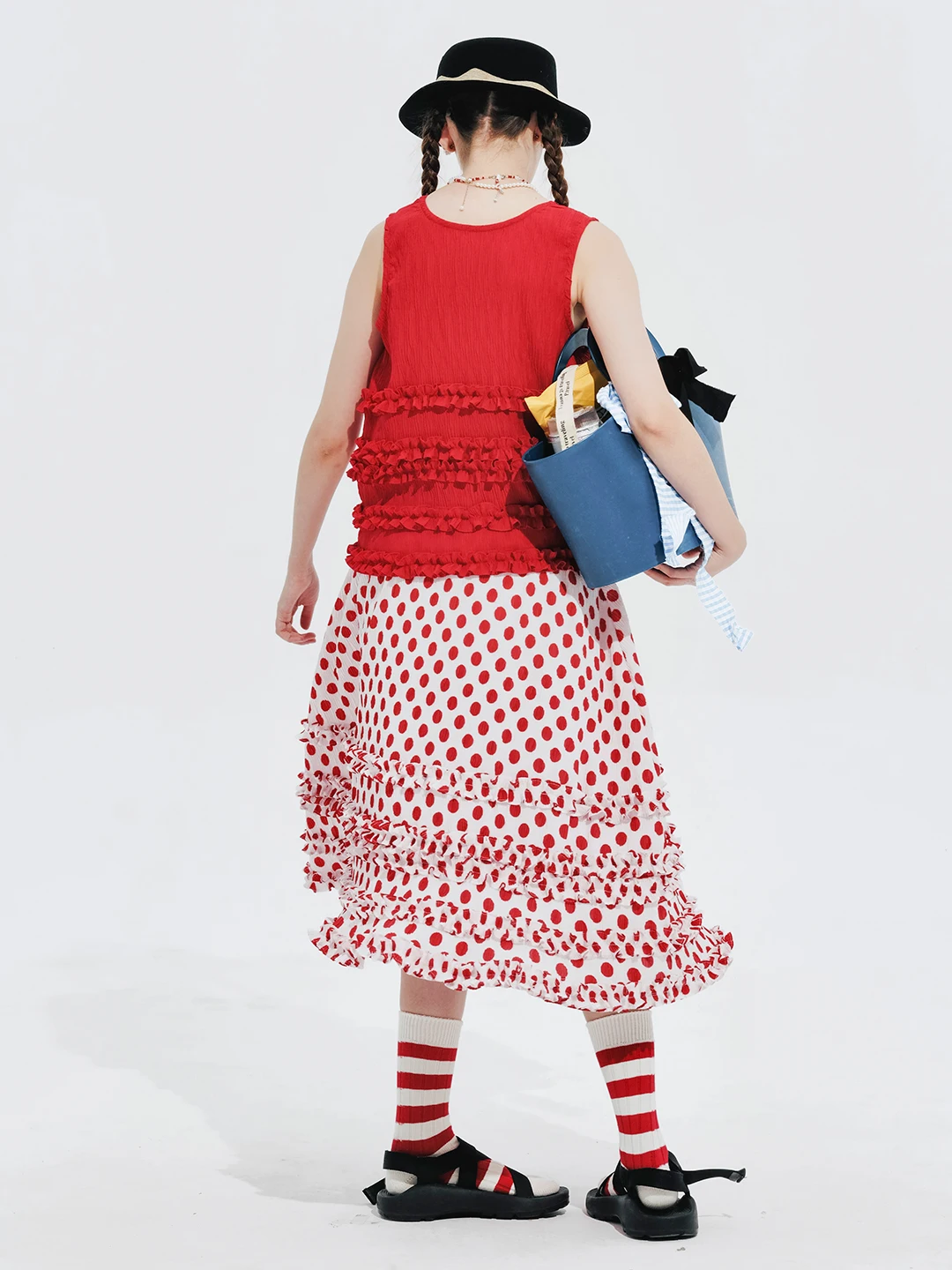 IMAKOKONI original design elastic waist polka dot lace stitching red skirt for women 244660