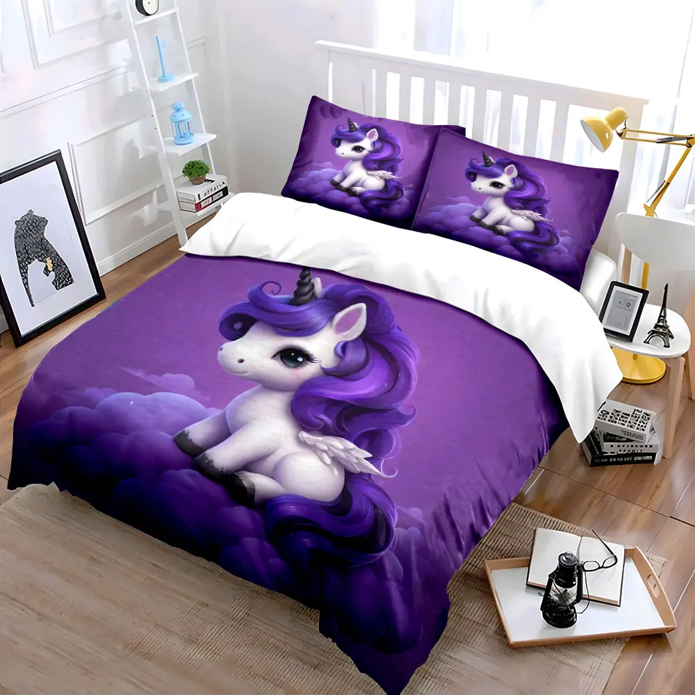 Adorable unicorn on purple clouds Duvet Cover Set with 3D Printing Design Soft Polyester Bedding Set All-Season Comfort