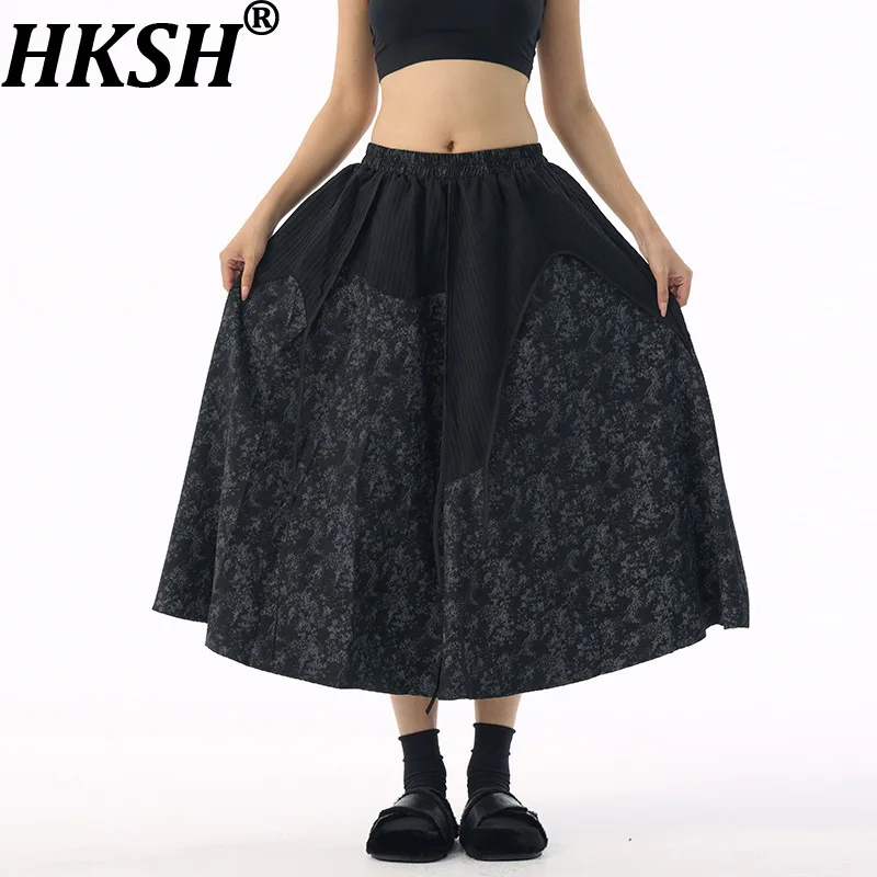 

HKSH Spring Autumn New Women Skirt Asymmetric Printed Elastic Waisted A-line Elegant Casual Fashion Ins Oversized Skirts HK17575