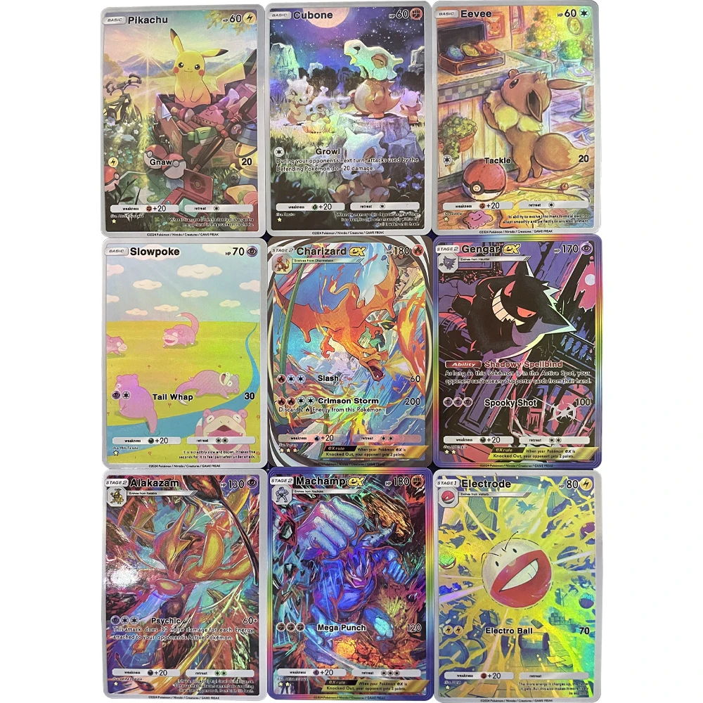 Anime PTCG Pocket Collection Card, Cubone, Charizard, Eevee, Gengar, Alajazam, Machamp, Embossed, Bergame Flash Card, Child Gift, 9Pcs, Set