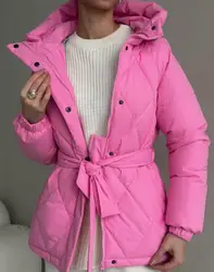 Autumn and Winter Hooded Cotton Jacket Solid Color Warm Coat Top Women's Hoodie with Belt