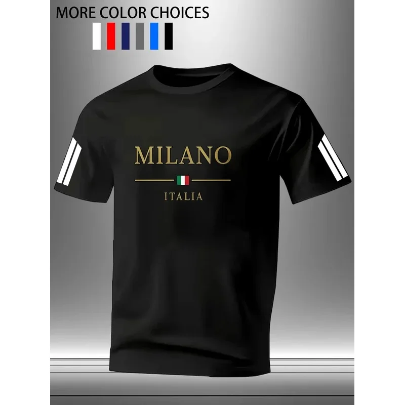 Men's MILANO ITALIA Print T-Shirt Quick Dry Mesh Fabric Breathable Sports Tee O-Neck Short Sleeve Tops With Striped Sleeves