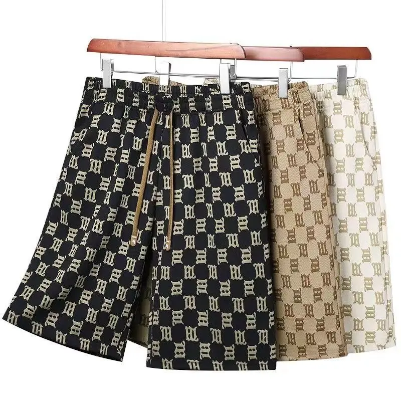 Elastic High Waisted Pockets Men\'s Clothing Geometric Printing Drawstring Summer Knee Pants Preppy Style Vacation Punk Shorts