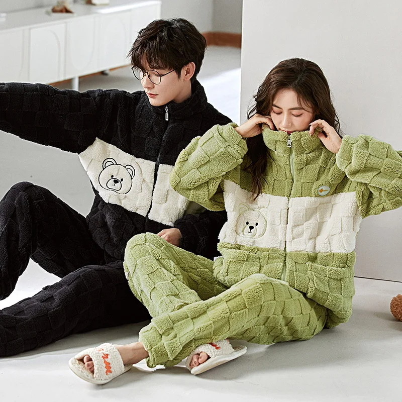 Couple Winter Flannel Pajamas Long-sleeved Coral Velvet Warm Men\'s Pajamas Set Cardigan Zipper Korean Home Wear