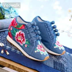 Veowalk Nuova Primavera Pattini Della Piattaforma del Fiore delle Donne di Ricamato Piatto Cinese Delle Signore di Casual Comfort Denim Sneakers In Tessuto di Scarpe