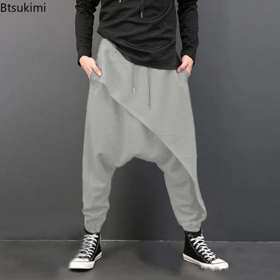 2024 Men's Casual Trousers Irregular Loose Solid Drawstring Cross-pants Men Vintage Harem Pants Hip-hop Skateboard Fitness Pants