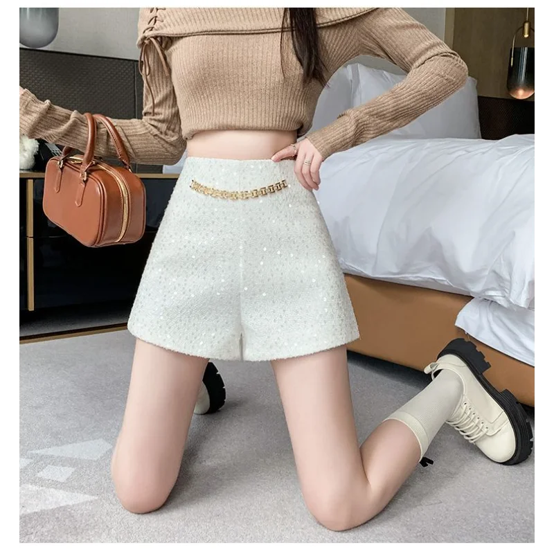 화이트 루즈 쇼츠 가을 겨울 여성용 스트레이트 팬츠 신상 스팽글 하이웨이스트 패션 부츠 팬츠