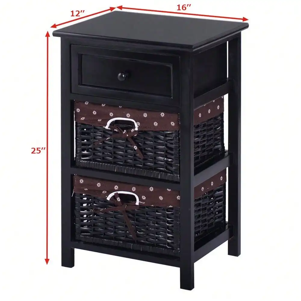 3 Tiers 1 Drawer Bedside End Table Organizer Wood W/2 Baskets Black