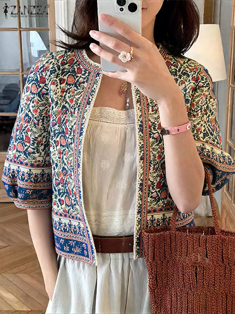 

Plus Size 5XL ZANZEA Fashion Women Cardigans Half Sleeve Indie Folk Printed Shirts Kimono 2025 Vintage Tops Casual Open Stitch