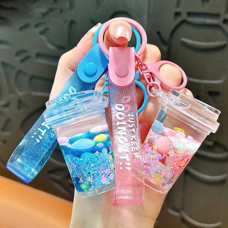 Creative Yogurt Bottle Liquid Key Chain Lovely Quicksand Floating Colored Jelly Bean Keyring Backpack Car Pendant Keychain Gift