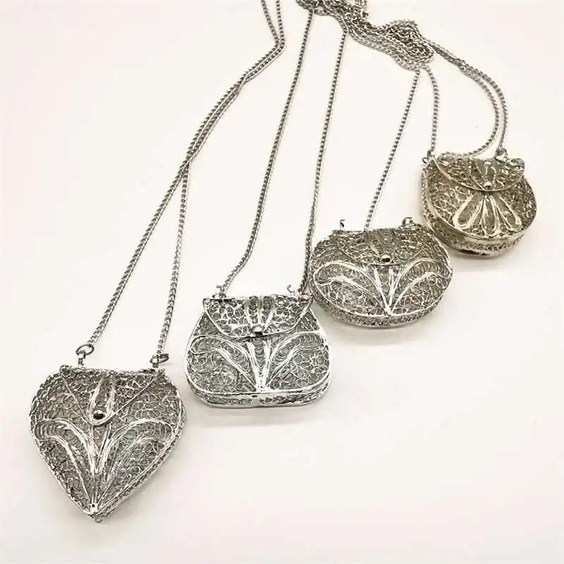 2024 Spring New Fashion White Metal Copper Filigree & Hollow Silk Heart Pouch Pendants with Chain Necklace for Girls