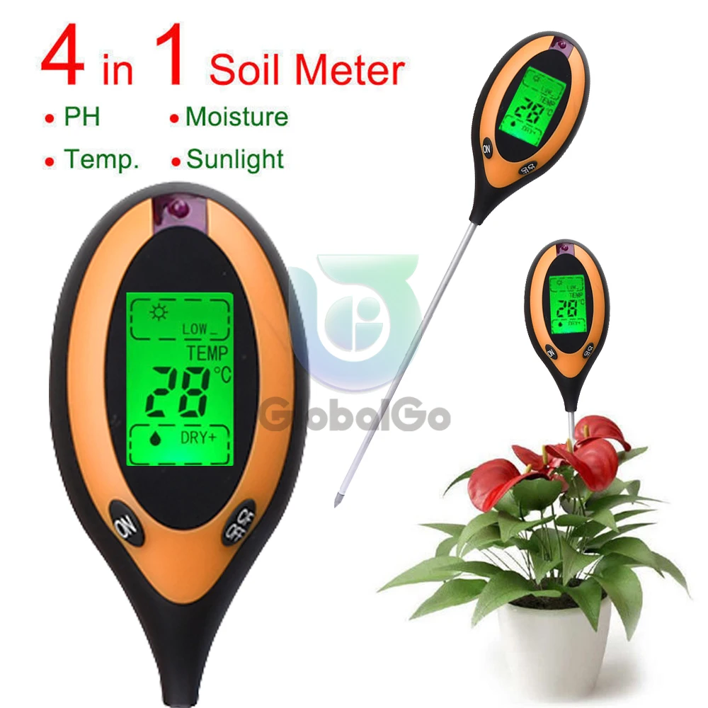 Soil PH Meter Tester Soil Tester PH Moisture meter Temperature Sunlight Intensity measurement Analysis Soil Acidity Test 4 in 1