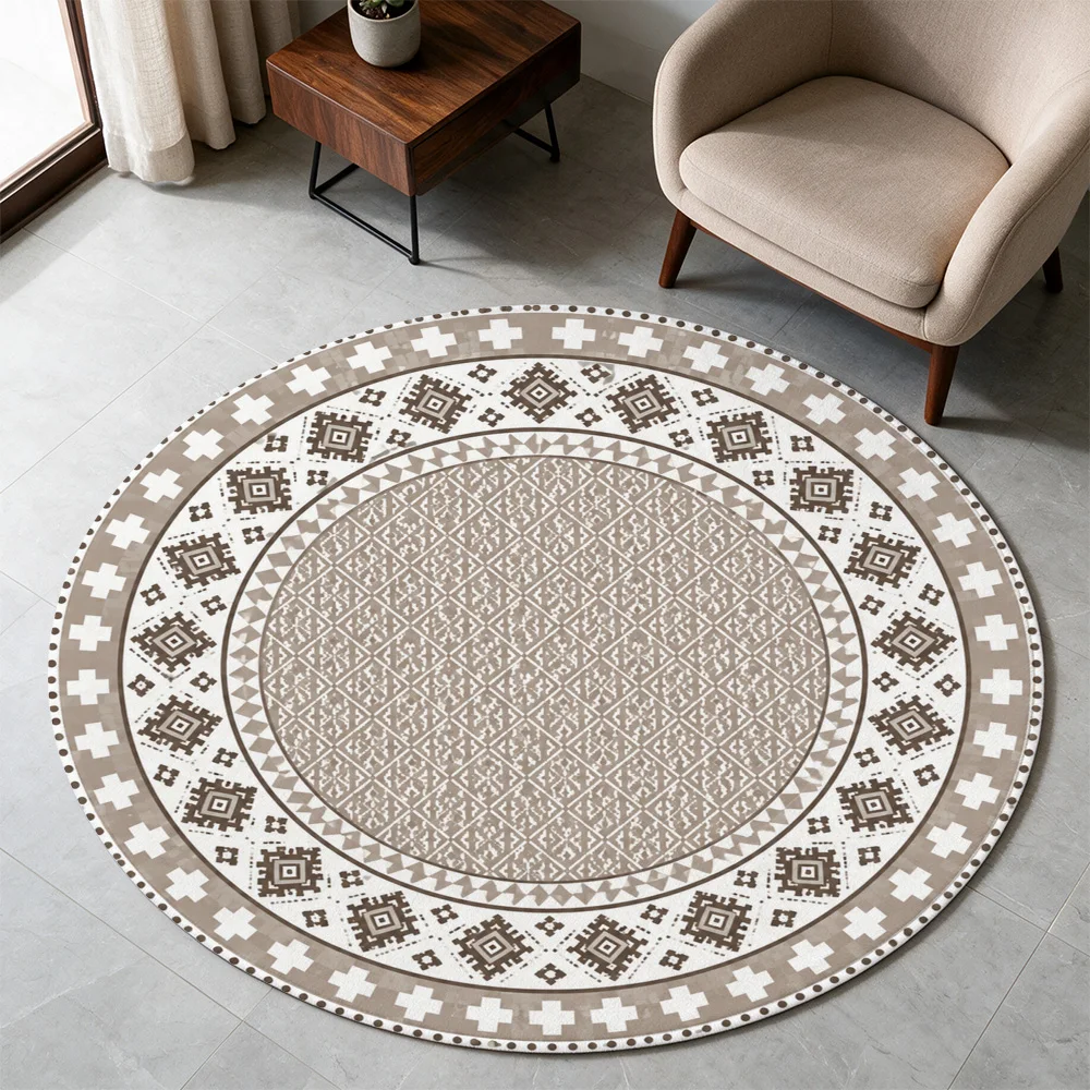 Round Moroccan Style Area Rug Beige Neutral Living Room Decor Boho Pattern Soft Floor Mat for Entryway