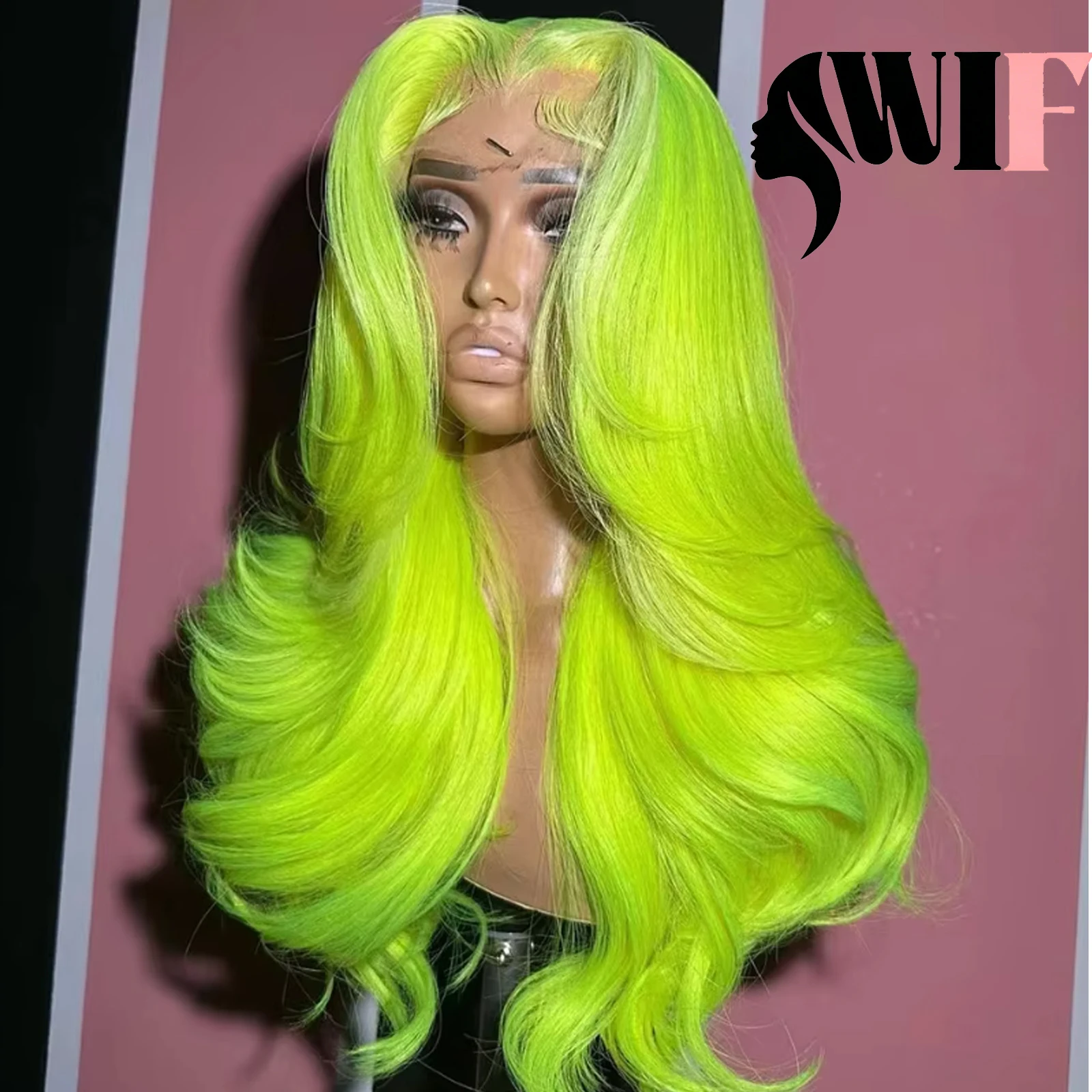 WIF Natural Wave Neon Green Yellow Color Synthetic Wig Women Cosplay Use Long Wavy Middle Part Lace Front Wigs Heat Fiber Hair