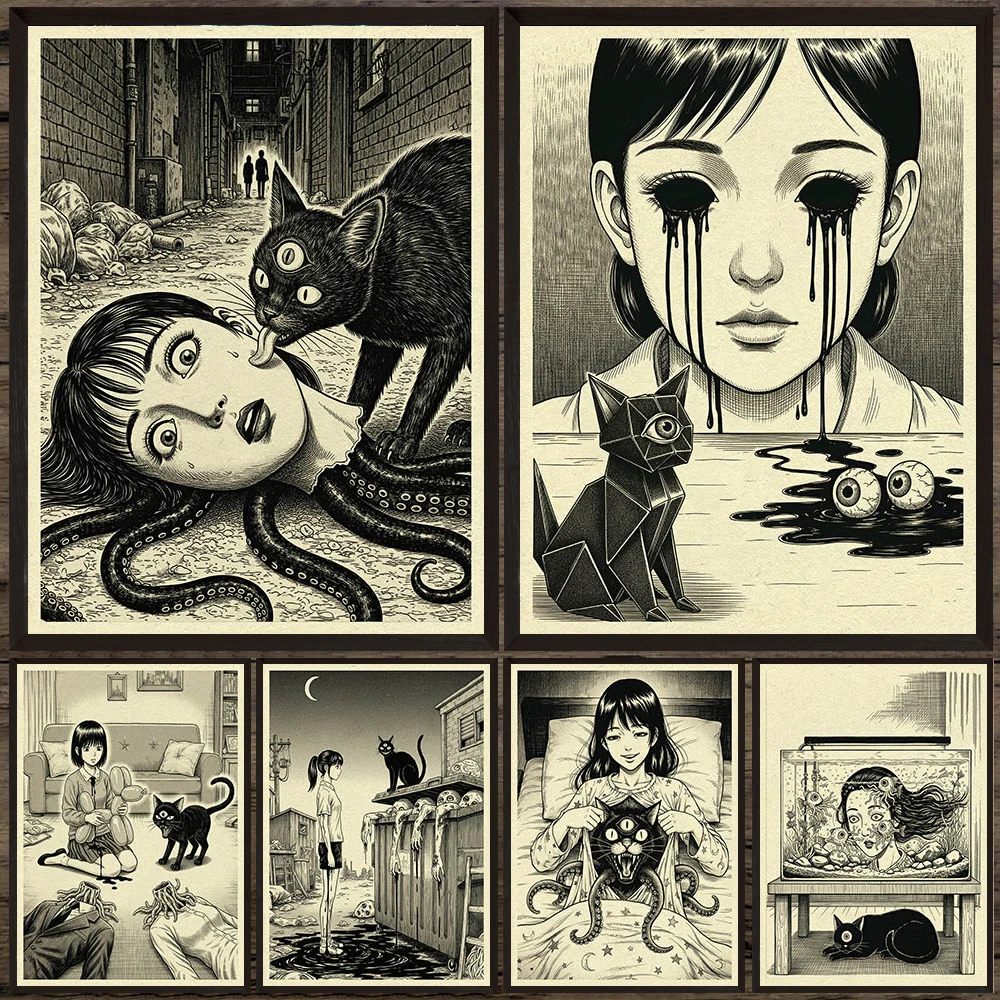Three-eyed Cat & Tentacle Monste Horror Canvas Poster And Print, Spooky Nightmare Scene Vintage Wall Art Canvas Painting Decor