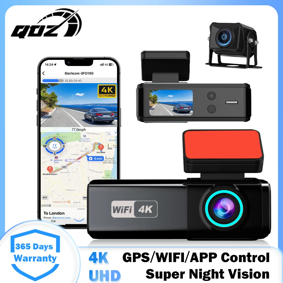 QOZ 4K Dash Cam Dual Camera Car DVR Built in WiFi APP Control 24H Parking Monitor Night Vision