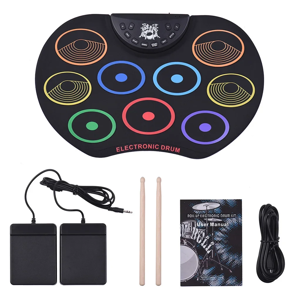 Digital Electronic Drum Set USB Roll-Up Silicon Drums Pad Compact Size Foldable Electric Drum Kits with Drumsticks Foot Pedals