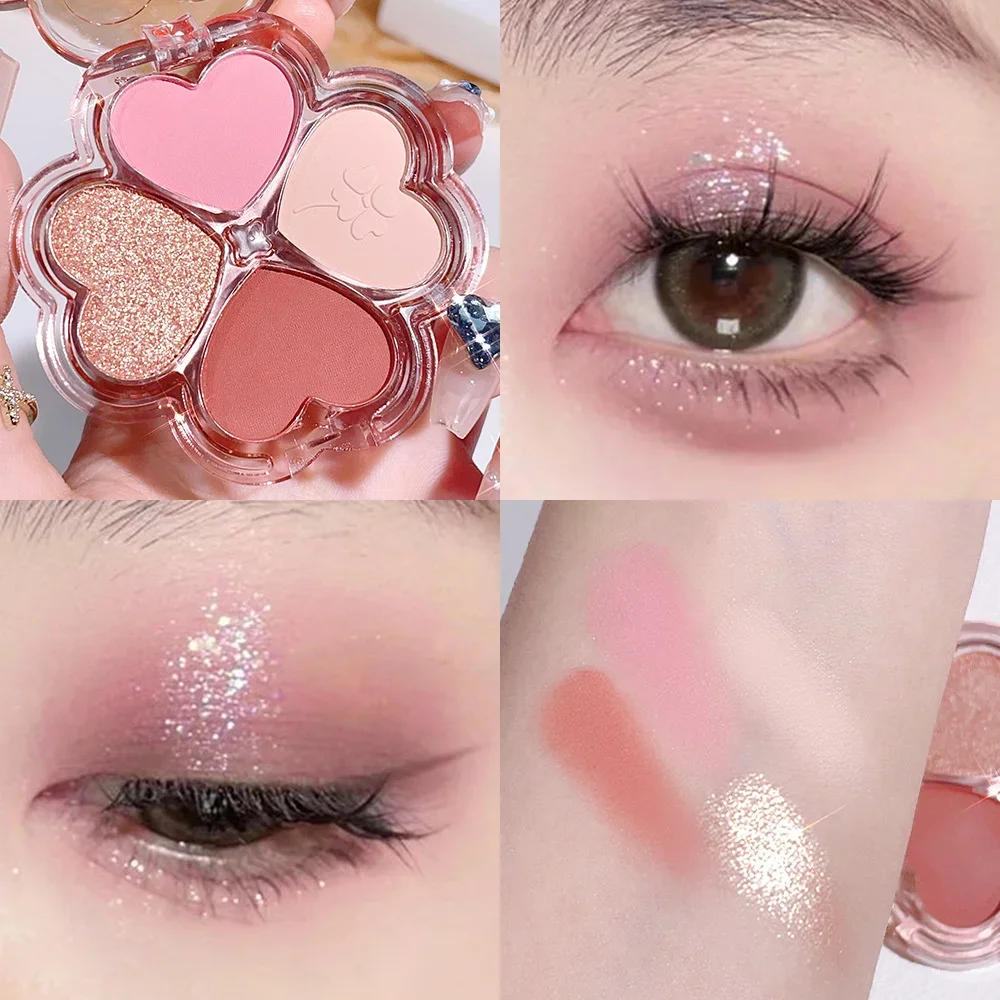 Paleta de sombra de ojos de trébol, resaltador de cuatro colores, maquillaje de ojos de ensueño, sombra de ojos perlada fina, paleta todo en uno, rubor