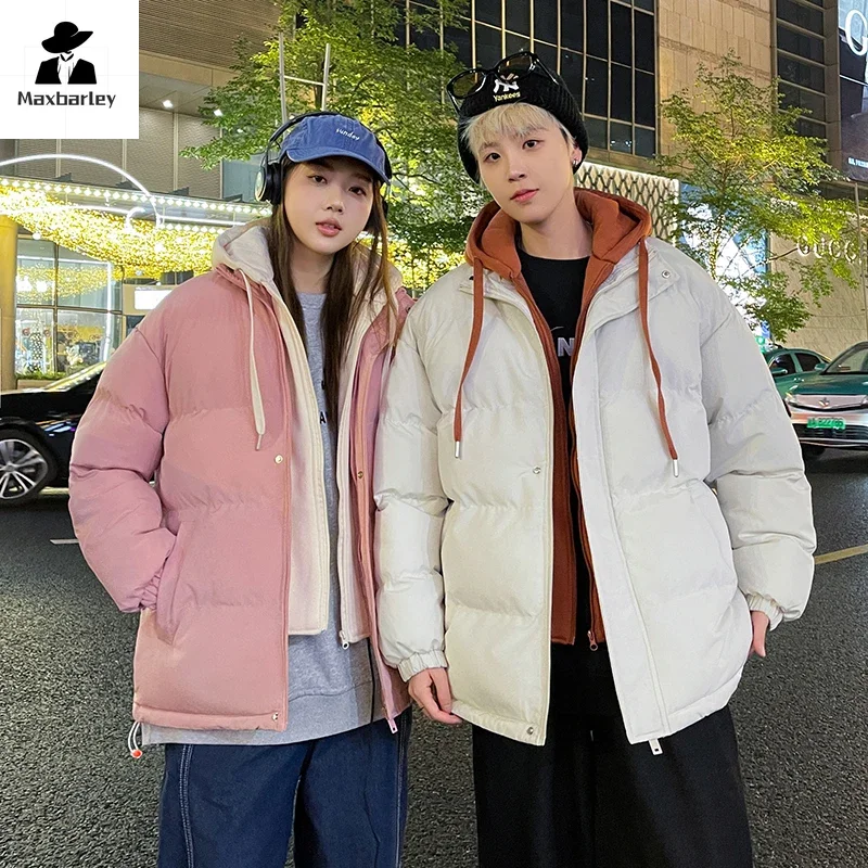 Fashion Jacket for Men Women Winter New Harajuku Thick Fake 2-piece Hooded Down Cotton Padding Jacket Men's K-Pop Ski Warm Coat