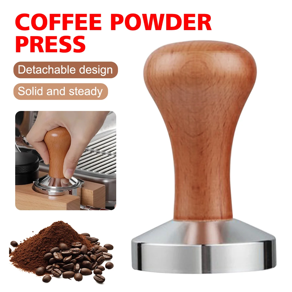 Wooden Handle Coffee Tamper 51mm Stainless Steel Espresso Tamper Coffee Tamper Press Flat Base Coffee Distributor Leveler Tool