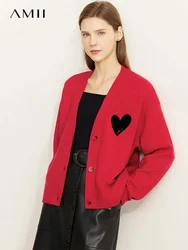 AMII Minimalism 2025 Winter Love Sweater for Women New Simple Casual Knitted Tops V-neck Wool Embroidery Loose Cardigan 12344302