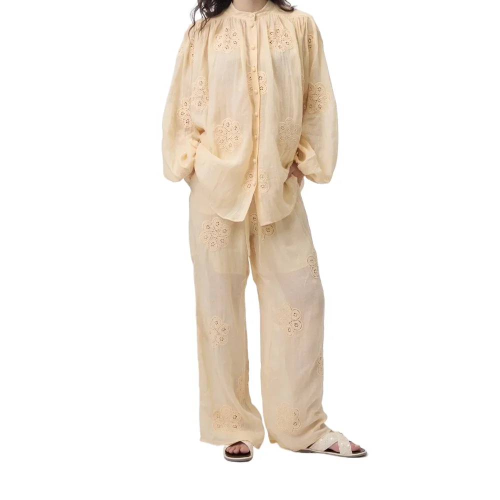 

Beige Long Sleeve Embroidery Floral Blouse Tops and Pants Set 2025