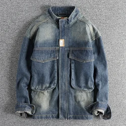 Spring and Autumn men casual retro loose nostalgia blue big pocket standing collar denim jacket zipper jacket