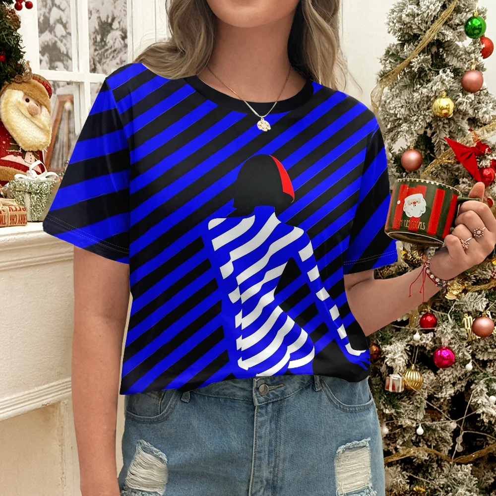 

Women's Blue and Black Striped T-Shirt with Cartoon Character Design Casual Summer Style Round Neck Short Sleeve Y2K Streetwear