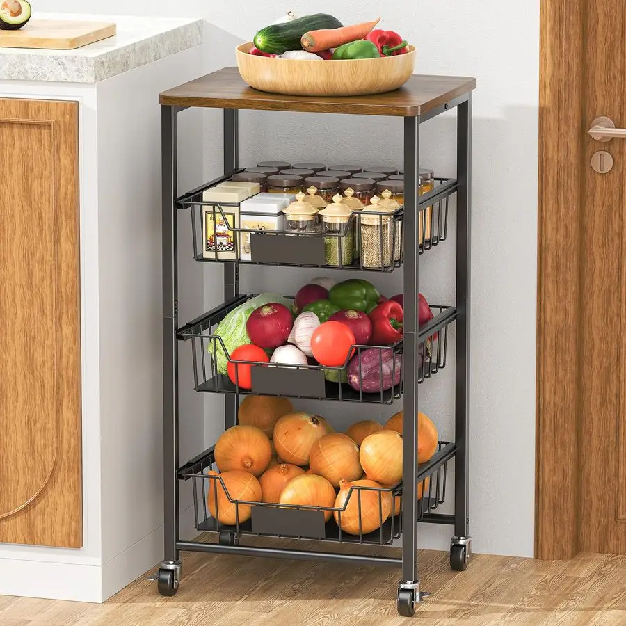 

Storage Cart with Wheels, 4Tier Metal Utility Rolling Cart Fruit Vegetable Storage Basket Pantry Rack with Wood Top amp Pull Out