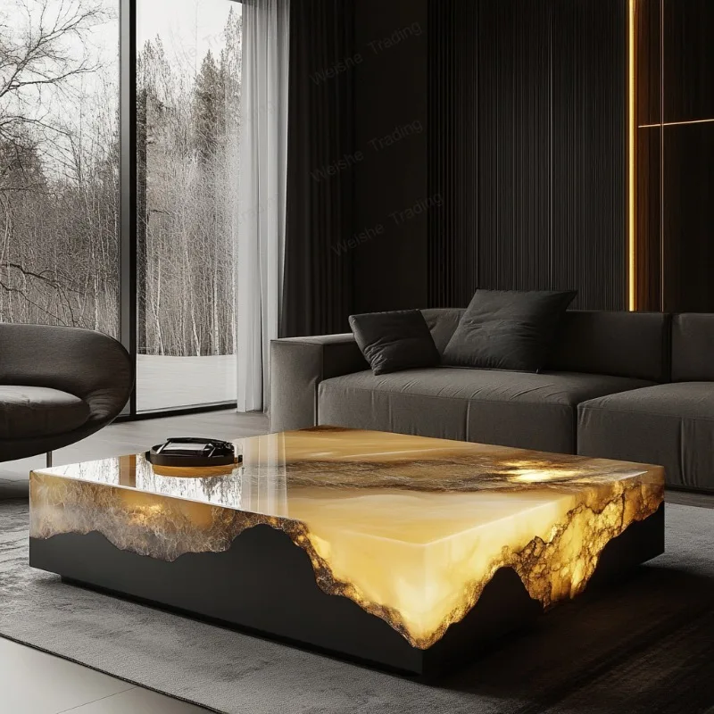 

Luminous jade coffee table leather light luxury modern minimalist style villa living room luxury stone natural marble