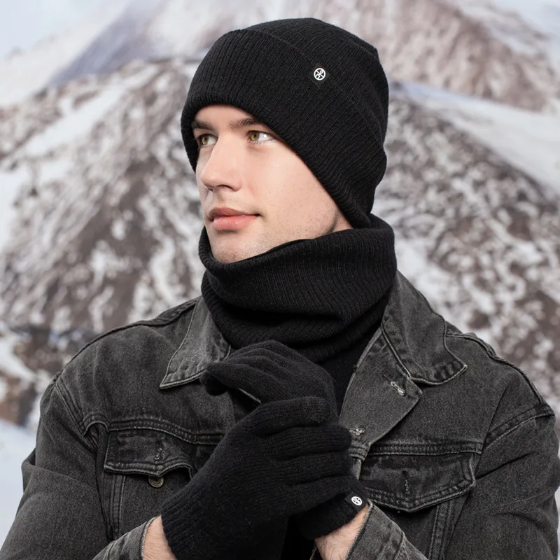 Autumn Winter Outdoor Warm Wool Hat Scarf Gloves 3 Pieces Suit Windproof Adult Knitted Muffler Hats and Caps for Men Women